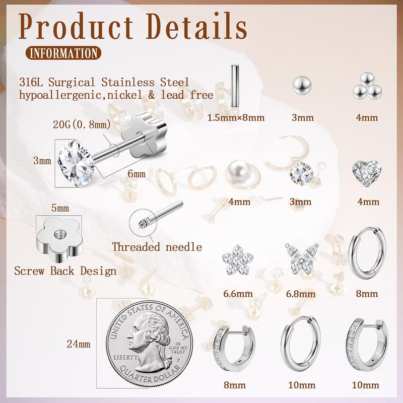 AMASIS Stud Earrings for Women Men, Hypoallergenic Women's 14K Gold Plated 316L Stainless Steel CZ Studs Earrings Simulated Diamond Round Cubic Zirconia Ear Stud Set - Image 4